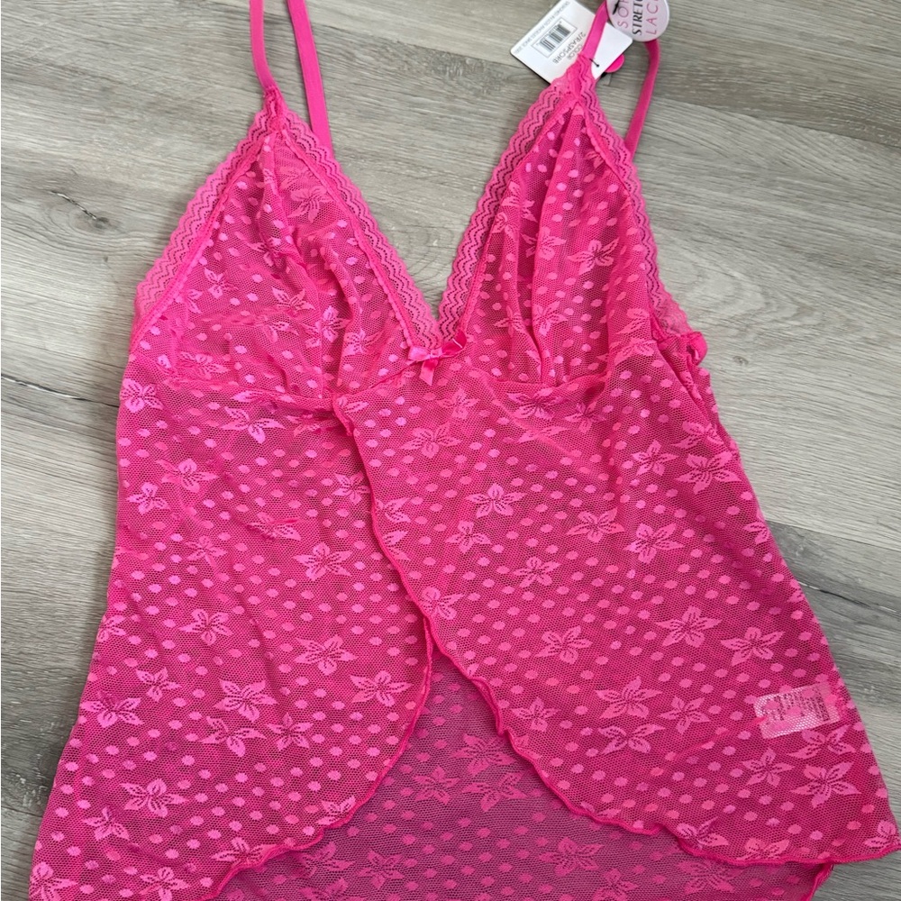 Floral Mesh Lace-Trim Chemise in Hot Pink